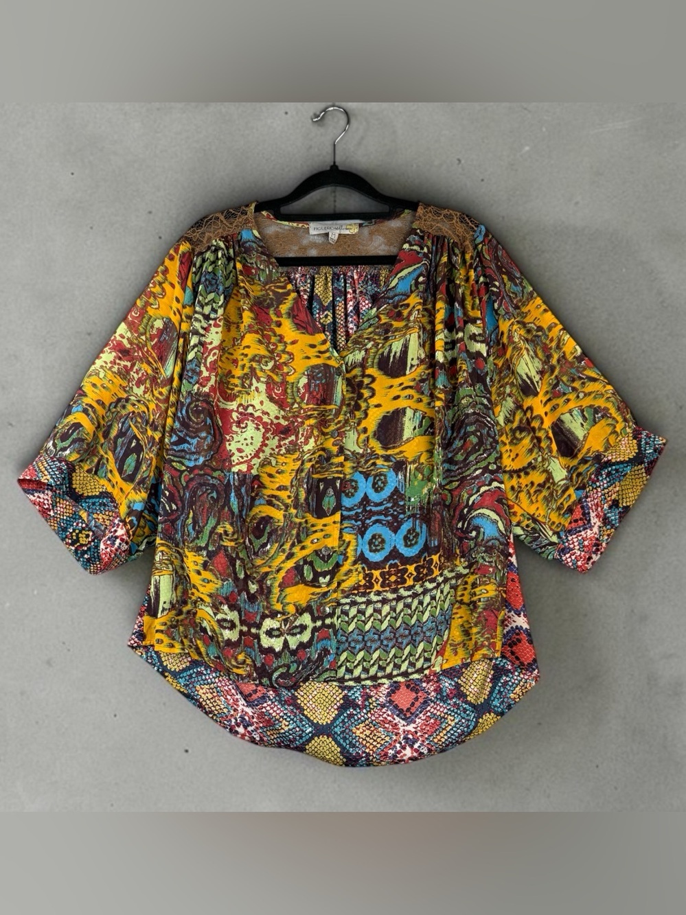 Figueroa & Flower Boho Mixed-Print Yellow Women's Peasant Top Med